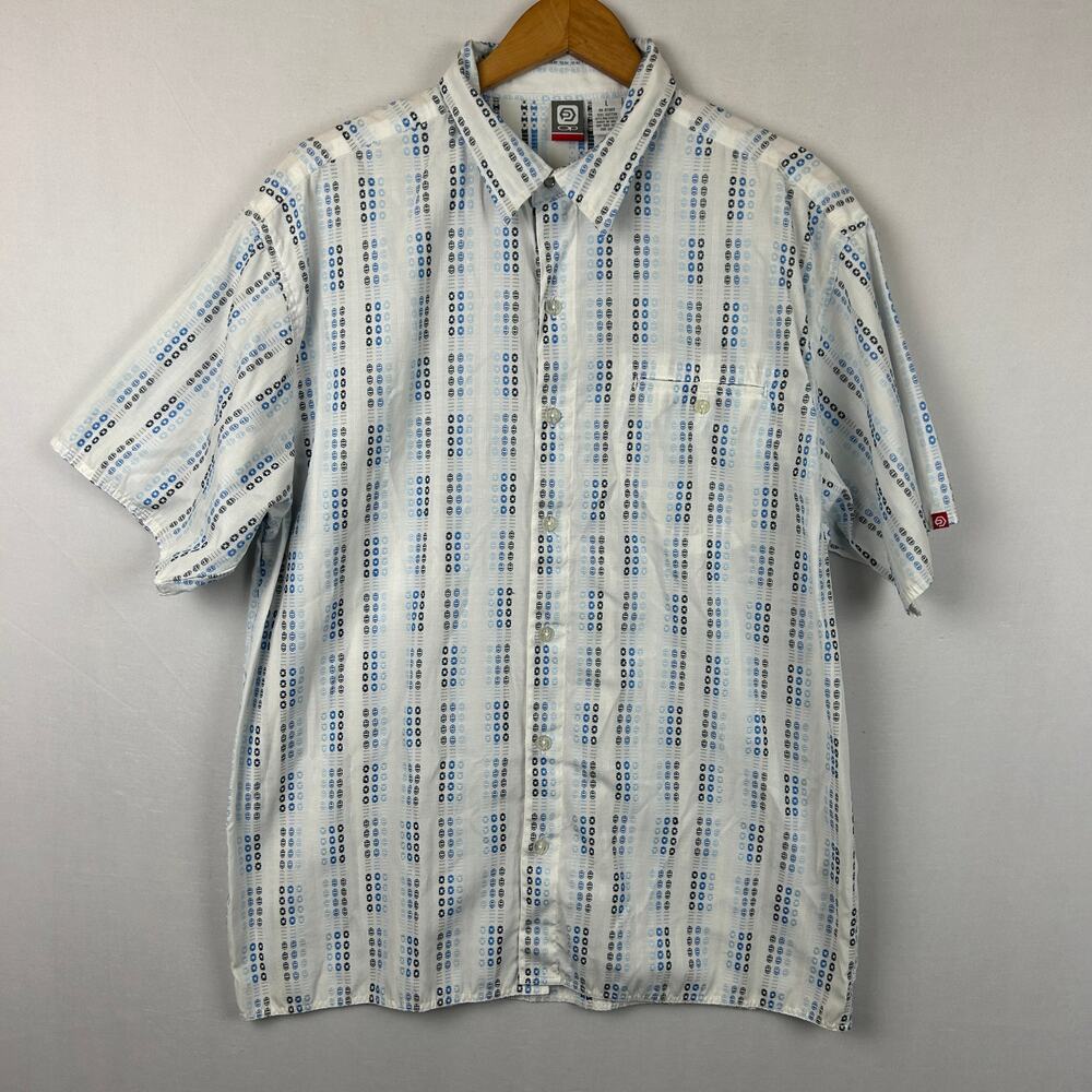 OP Y2K Button Up Shirt Circle Designs White Short Sleeve K6311091 Men's Size L